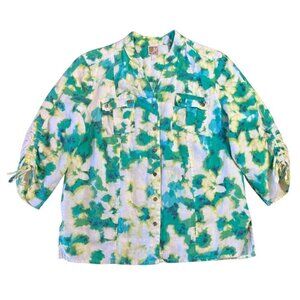 JM Collection 100% Linen Button Up Shirt Ruched Sleeve Colorful Floral Womens 12